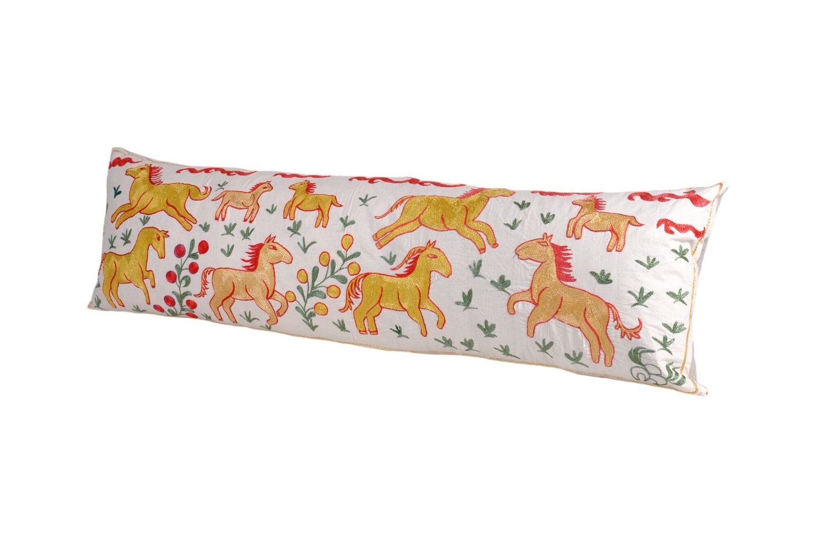 Suzani Horse Bedding Pillows Made From Tashkent Suzani, Yellow Hippie Extra Gold Long Pictorial Cushion photo furniture