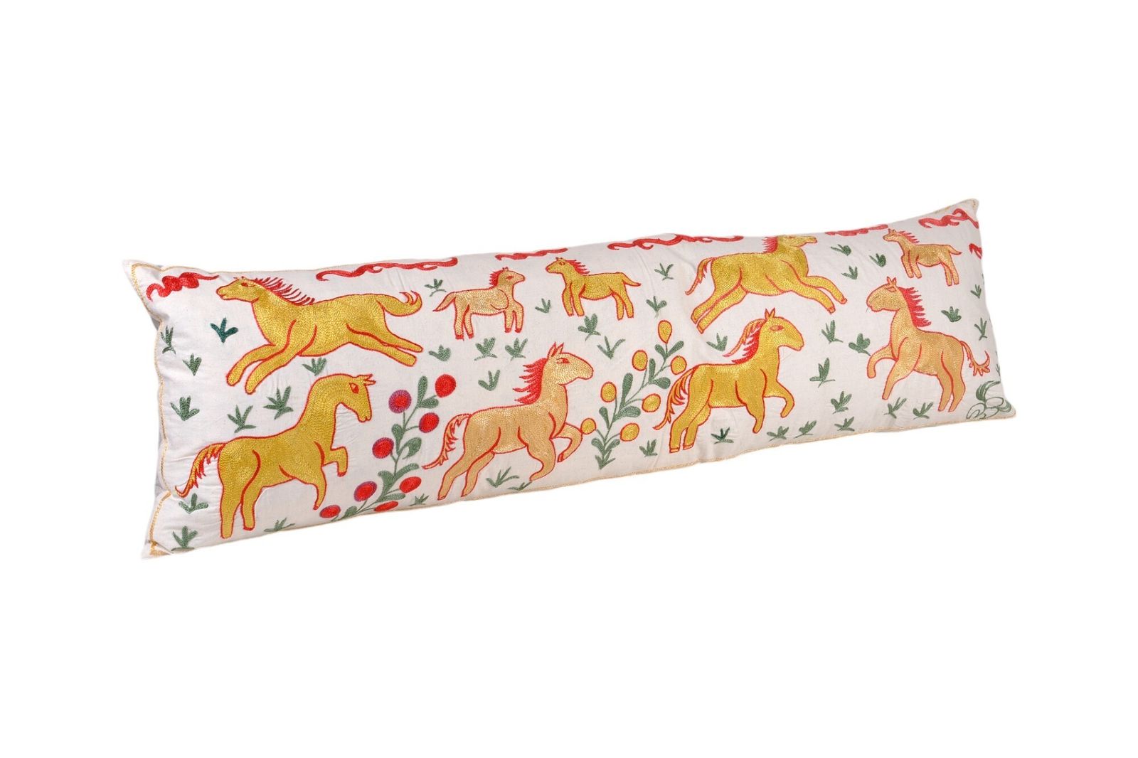 Suzani Horse Bedding Pillows Made From Tashkent Suzani, Yellow Hippie Extra Gold Long Pictorial Cushion photo for sale