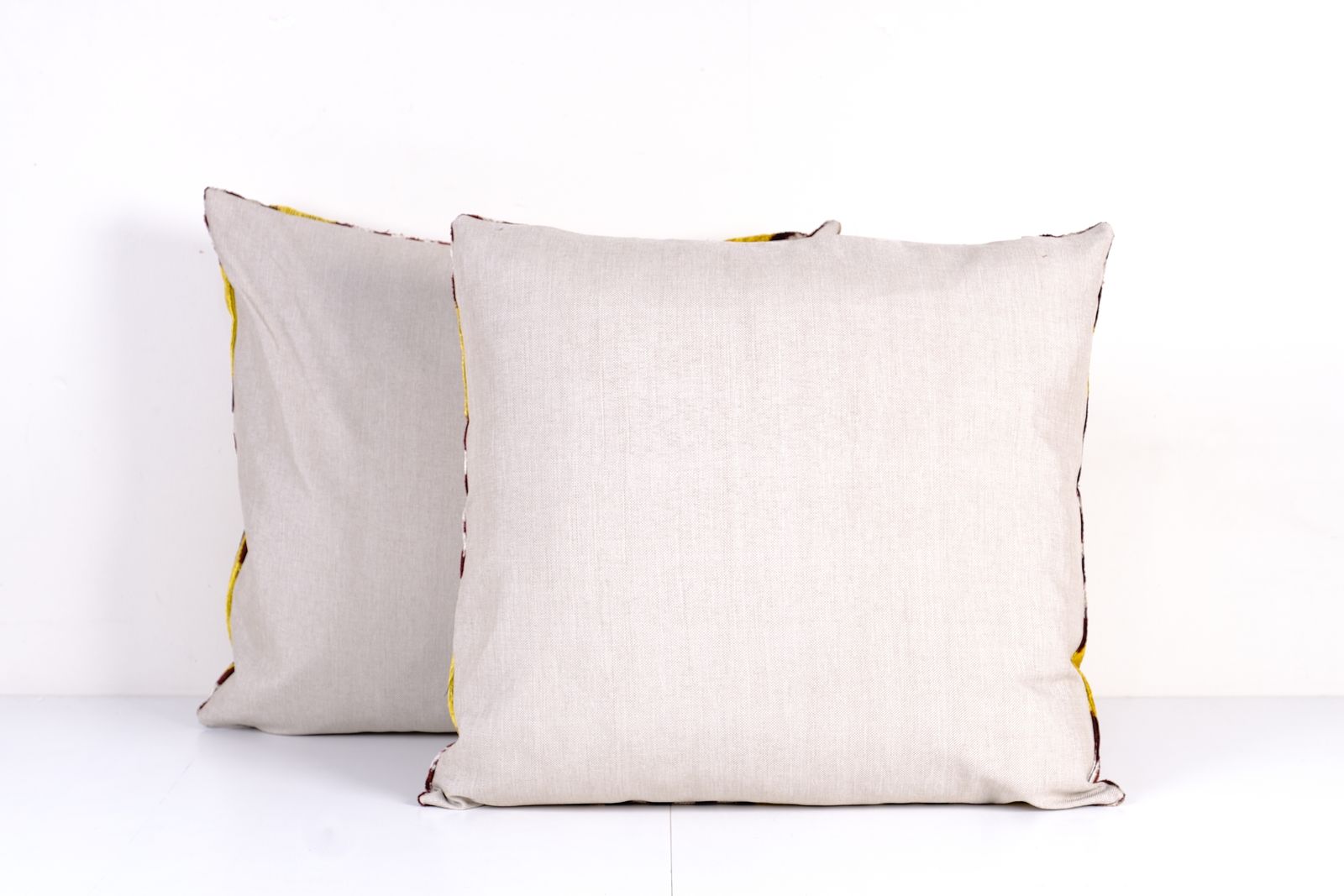 Set Of Two Velvet Ikat Lumbar Pillow Cover, Pair Square Yellow And Burgundy Designer Cushion, Geometric Pattern Uzbek Pillow photo furniture