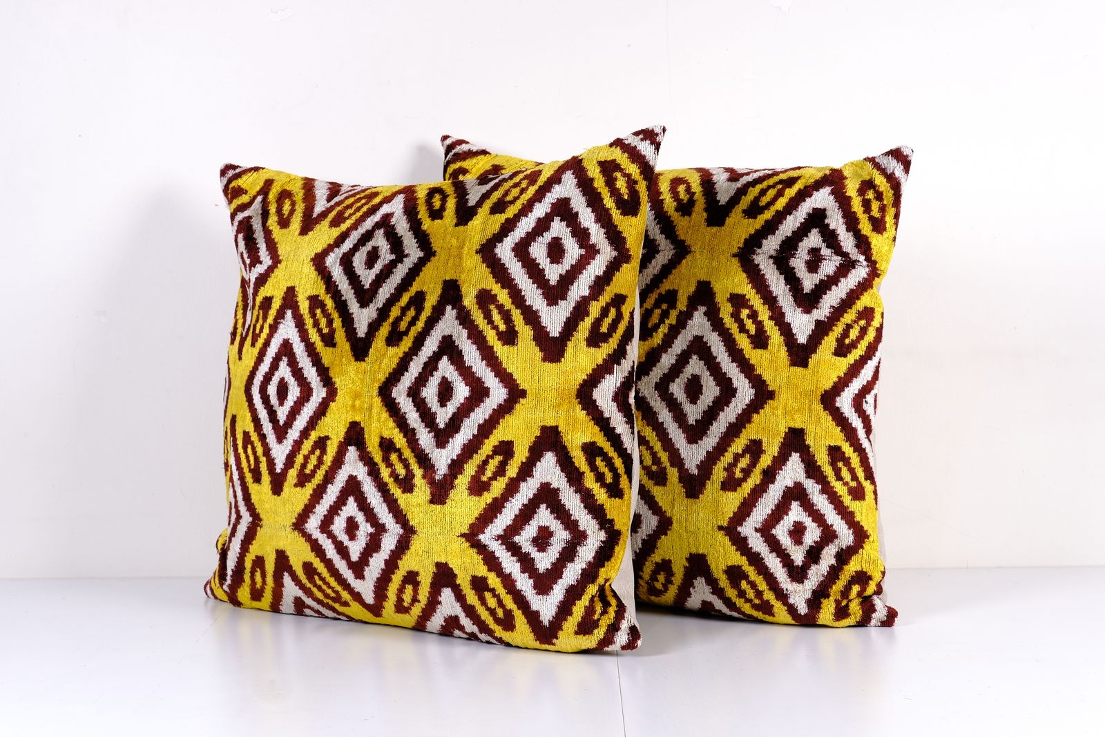Set Of Two Velvet Ikat Lumbar Pillow Cover, Pair Square Yellow And Burgundy Designer Cushion, Geometric Pattern Uzbek Pillow photo for sale