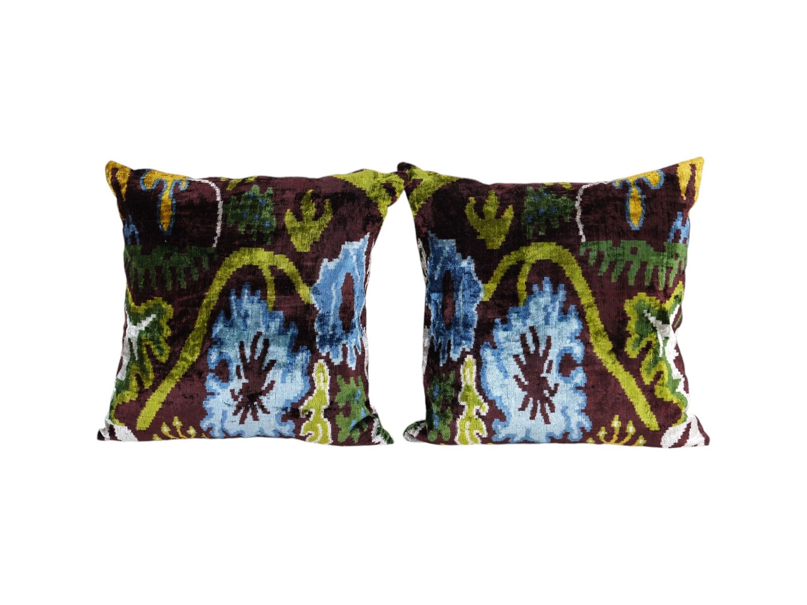 Silk Ikat Velvet Pillow Cover – Set Of Two Brown, Blue, And Green Floral Design – Pair Turkish Bohemian Cushion