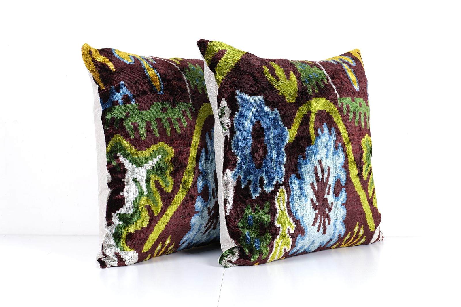 Silk Ikat Velvet Pillow Cover – Set Of Two Brown, Blue, And Green Floral Design – Pair Turkish Bohemian Cushion photo Textiles