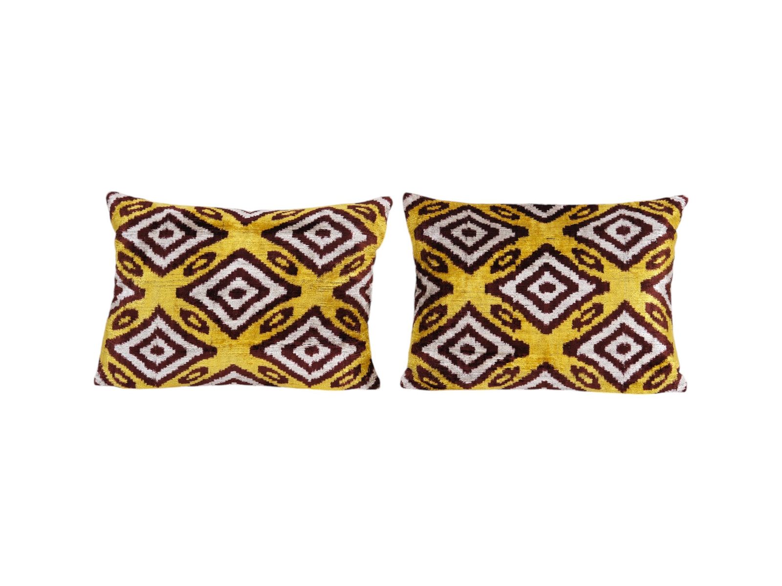 Turkish Ikat Velvet Cushion – Set Of Two Handmade Yellow And Burgundy Pillow Cover – Boho Style Decor