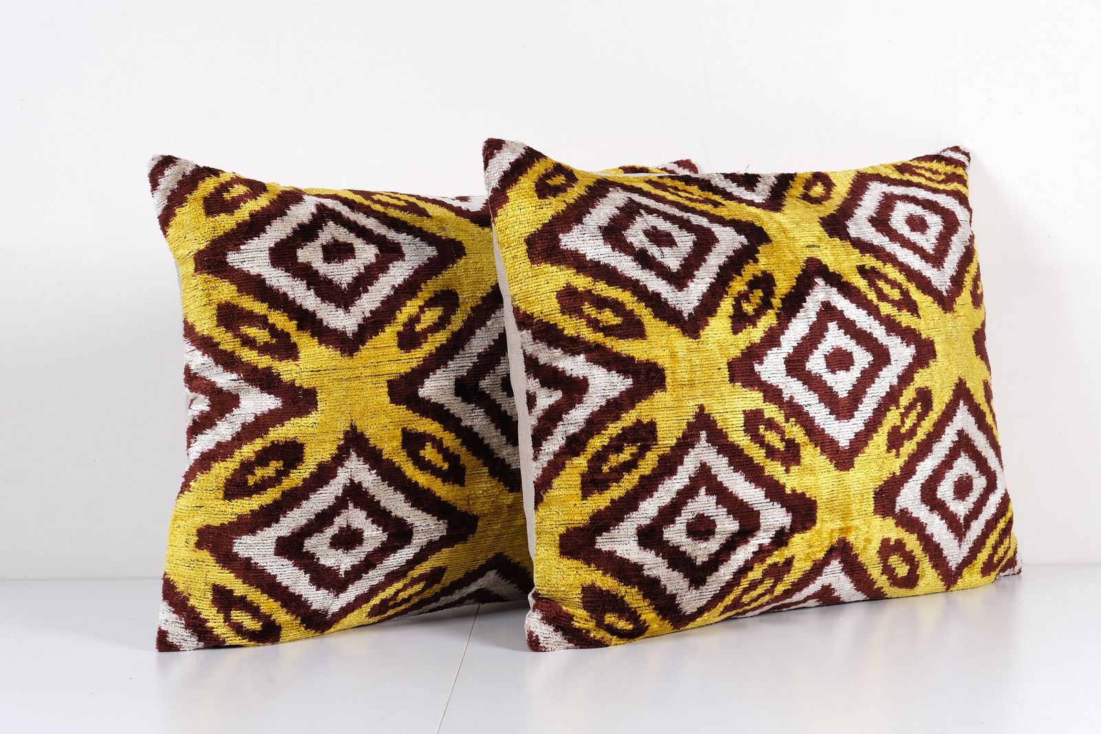 Turkish Ikat Velvet Cushion – Set Of Two Handmade Yellow And Burgundy Pillow Cover – Boho Style Decor photo for sale