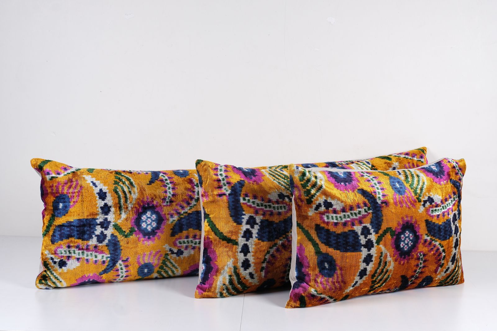Silk And Velvet Ikat Lumbar Pillow, Floral Cushion Cover, Set Of Three Ikat Decorative Pillow photo for sale