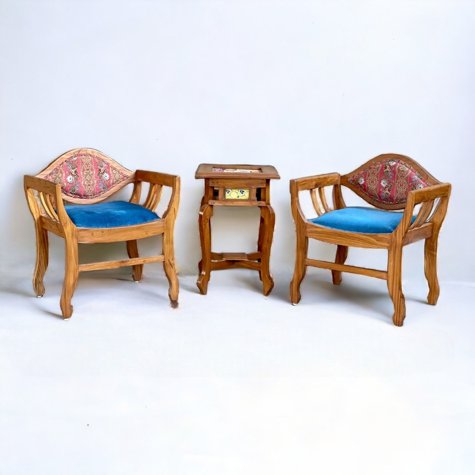 Pair Of Vintage Indian Teakwood Armchairs | Late 20th Century Style | Lotus Backrest & Regal Upholstery photo 695.0
