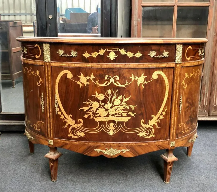Antique French Marquetry Oval Sideboard | Early 20th Century | Handcrafted Wood Inlay photo furniture
