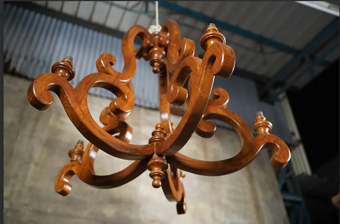 Vintage Indian Hand Carved Wooden Chandelier | Early 1900s Solid Teak With Scroll Arms photo 695.0