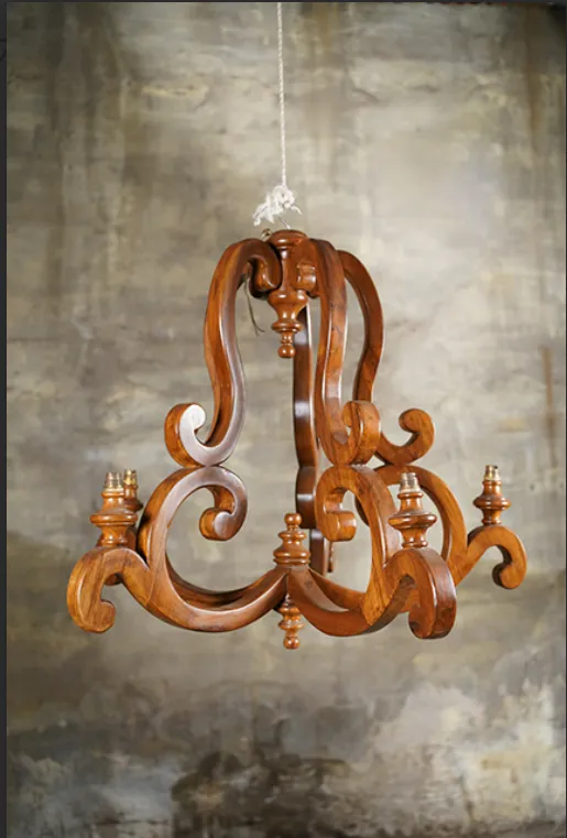 Vintage Indian Hand Carved Wooden Chandelier | Early 1900s Solid Teak With Scroll Arms photo vinterior