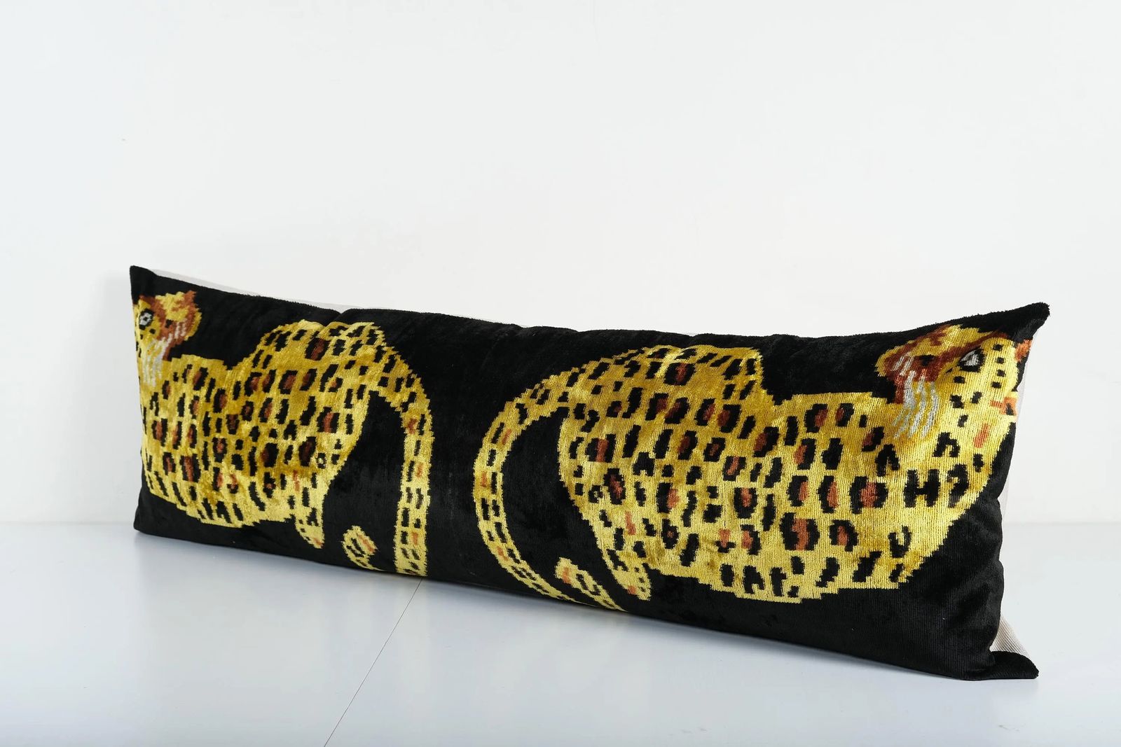 Tiger Design Black And Yellow Extra Long Ikat Velvet Pillow, Animal Printed Lumbar Pillows photo for sale