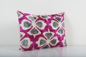 Fuchsia Silk Velvet Pillow Cover, Geometric Ikat Lumbar Velvet Pillow Cover photo Textiles