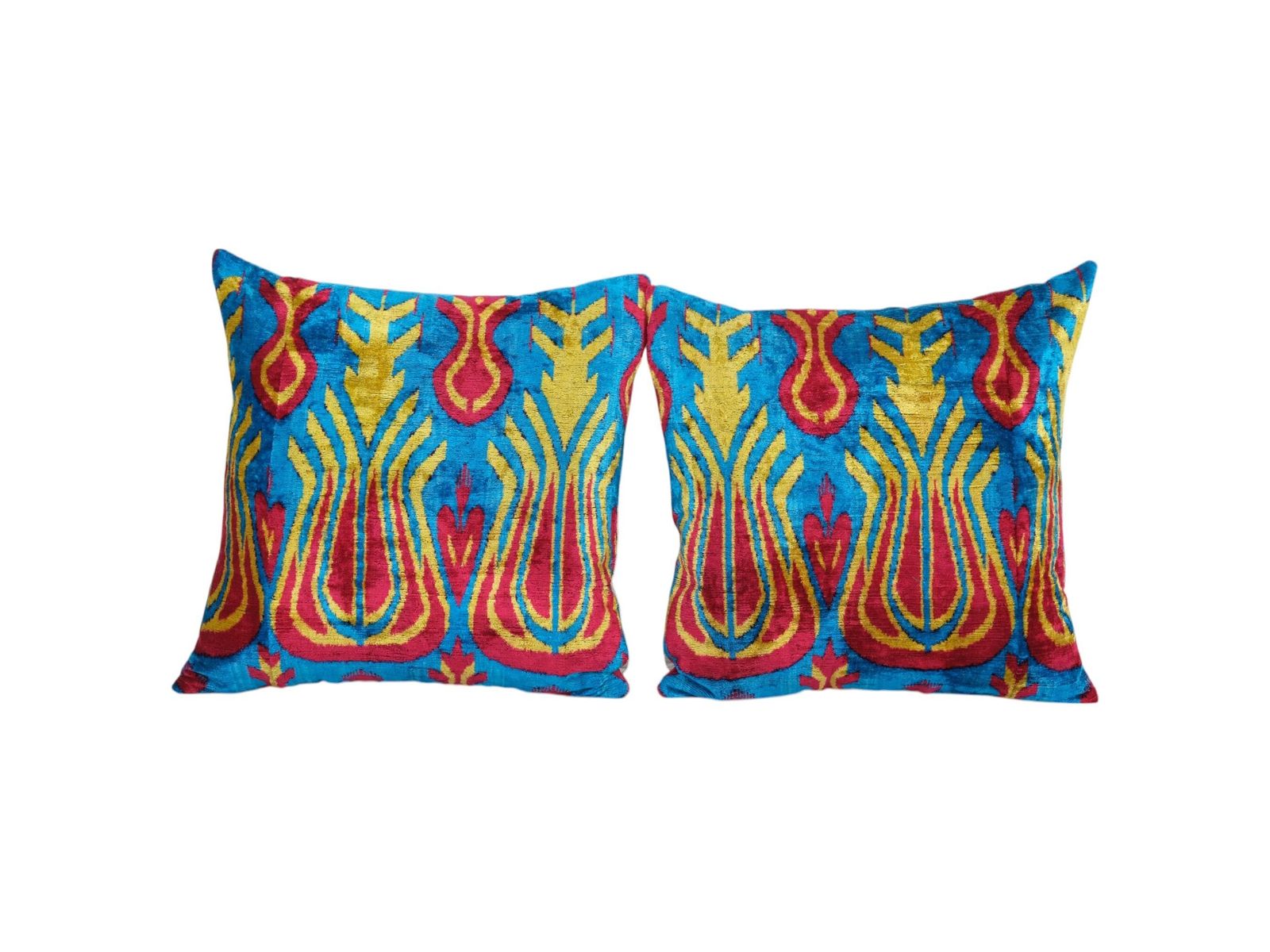 Red And Blue Ikat Velvet Cushion Cover   Set Of Two Floral Turkish Tulip Design Pillow
