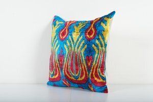 Square Blue Boho Velvet Silk Ikat Velvet Pillow   Red And Yellow Tulip Design Cushion photo furniture