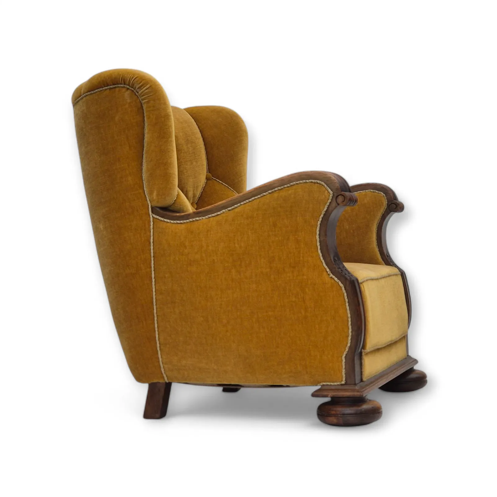 1960s, Danish Relax Armchair, Yellow Honning Furniture Velour, Oak Wood, Original.