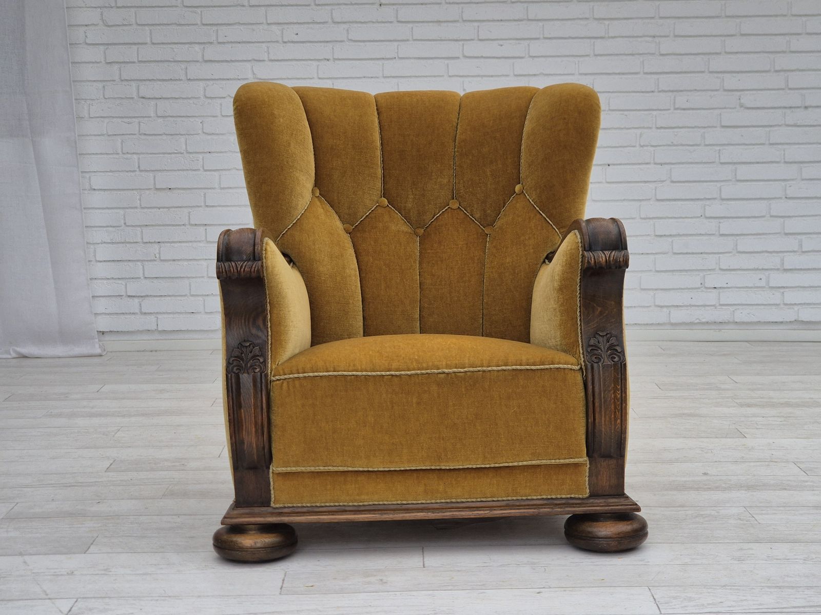 1960s, Danish Relax Armchair, Yellow Honning Furniture Velour, Oak Wood, Original. photo furniture