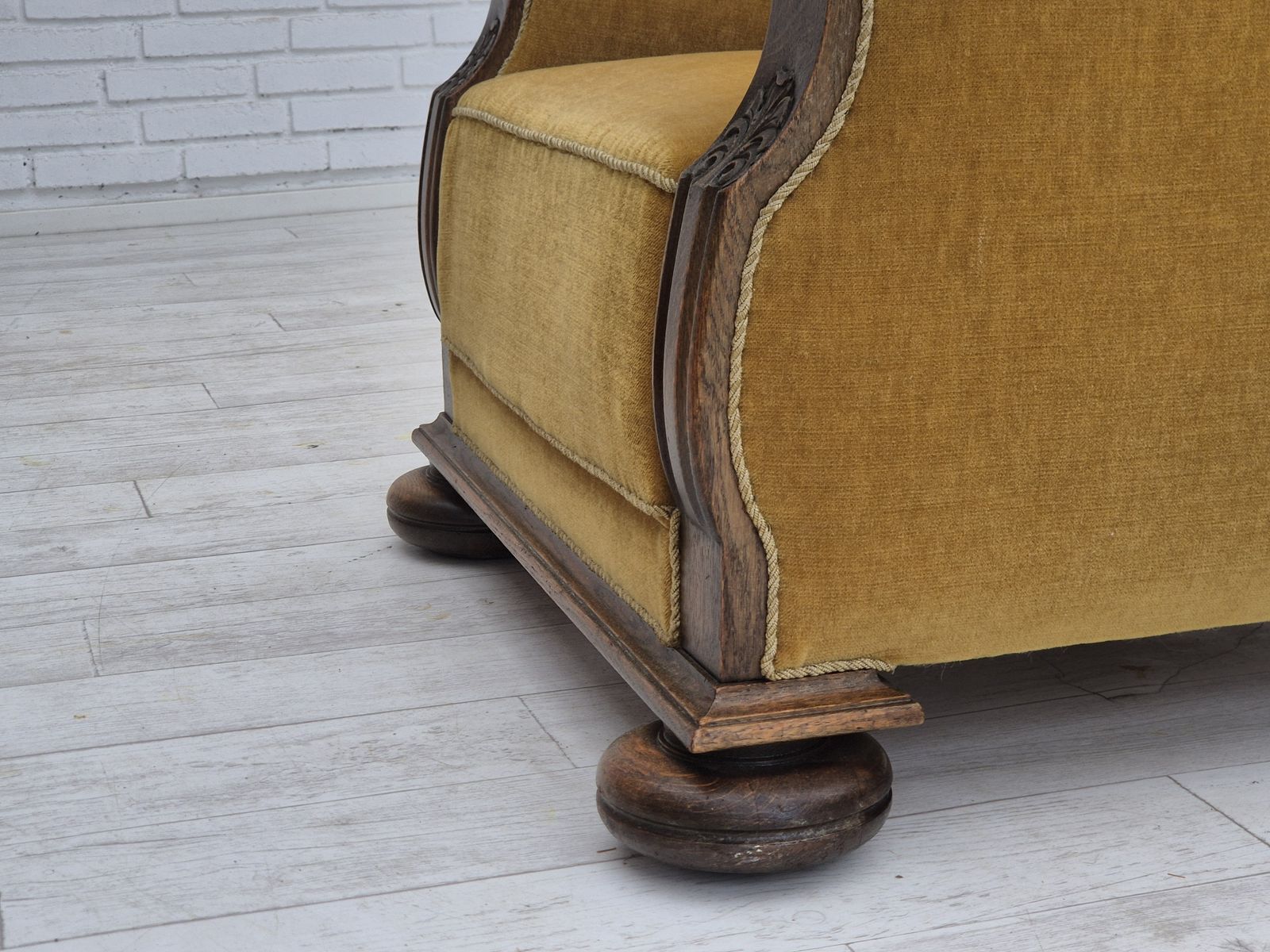 1960s, Danish Relax Armchair, Yellow Honning Furniture Velour, Oak Wood, Original. photo 1650.0
