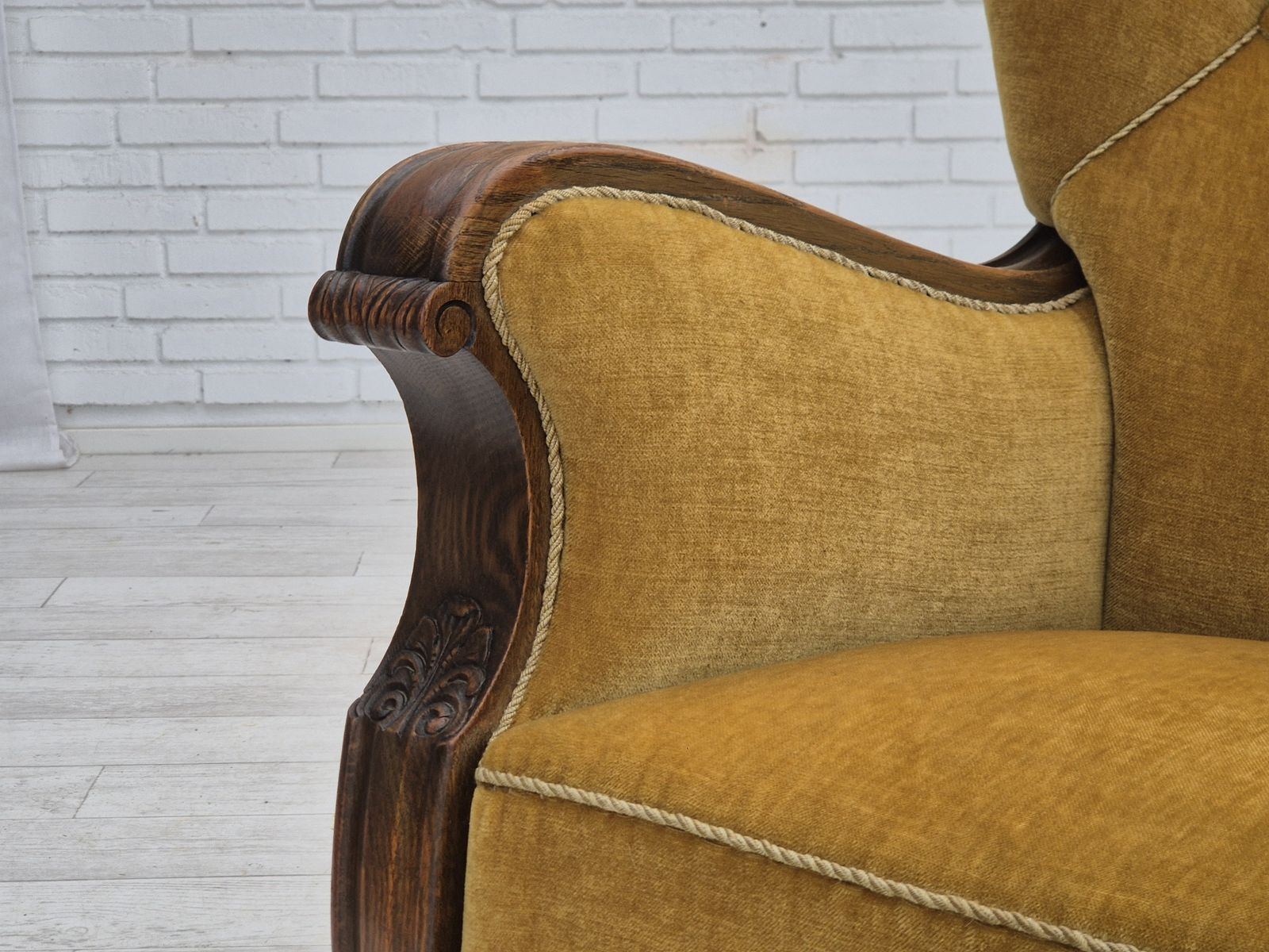 photo furniture 1960s, Danish Relax Armchair, Yellow Honning Furniture Velour, Oak Wood, Original.