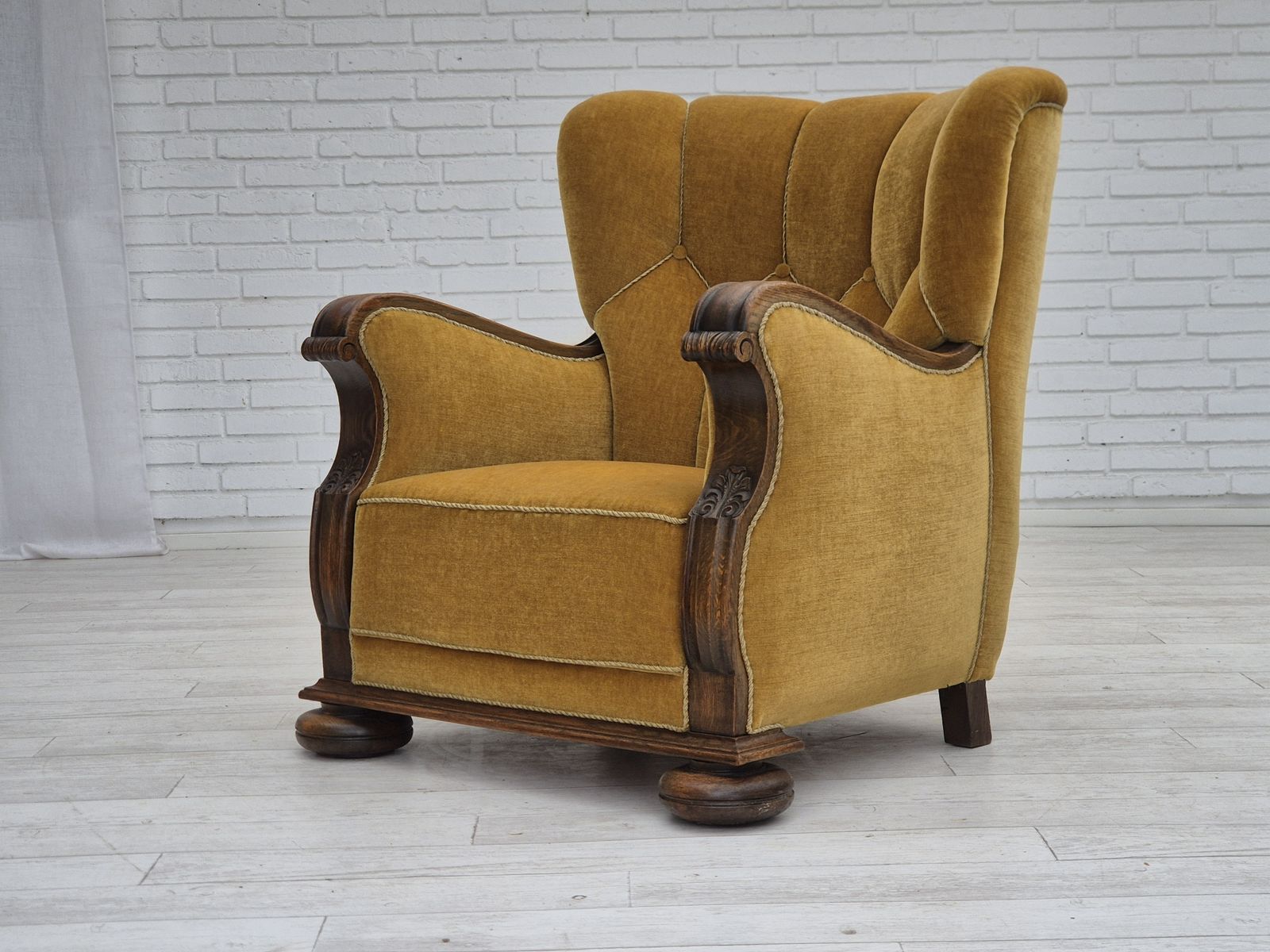 1650.0 1960s, Danish Relax Armchair, Yellow Honning Furniture Velour, Oak Wood, Original. photo