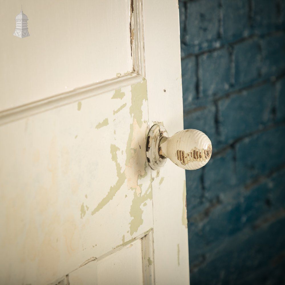 1930s 4 Panel Door – Distressed White, Beehive Handles, Original Locks & Hinges photo vintage