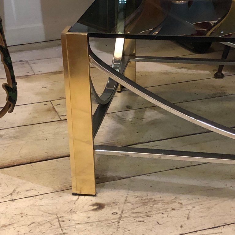 Mid Century Modern Italian Brass, Steel And Smoked Glass Coffee Table, 1970 photo for sale
