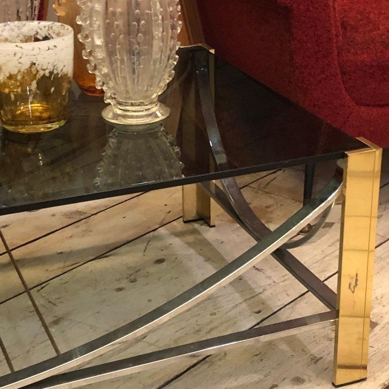 Mid Century Modern Italian Brass, Steel And Smoked Glass Coffee Table, 1970 photo Furniture
