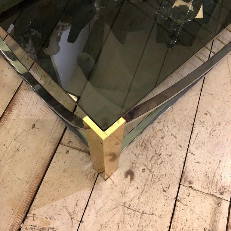 Mid Century Modern Italian Brass, Steel And Smoked Glass Coffee Table, 1970 photo buy