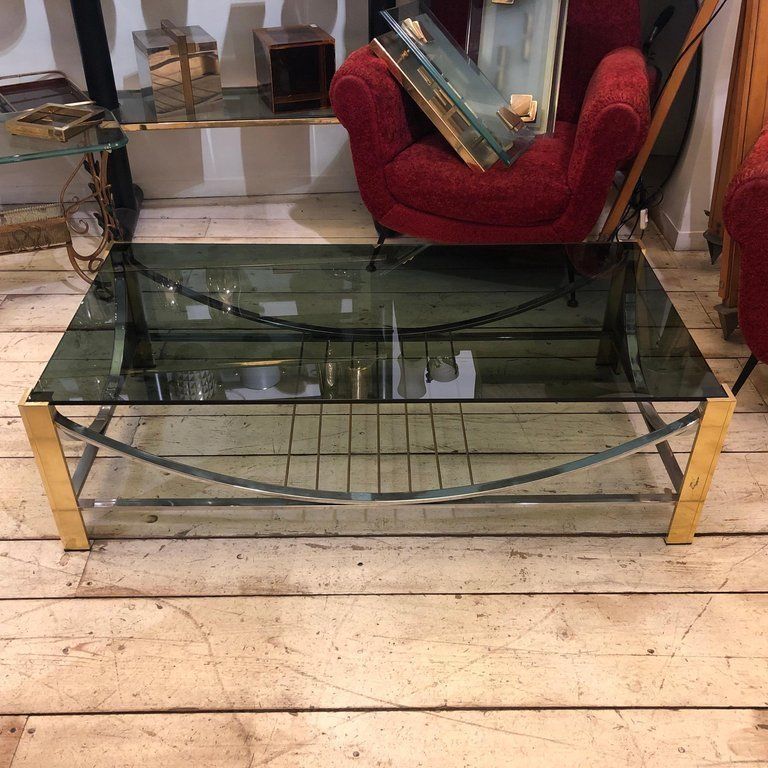 Mid Century Modern Italian Brass, Steel And Smoked Glass Coffee Table, 1970 photo vintage