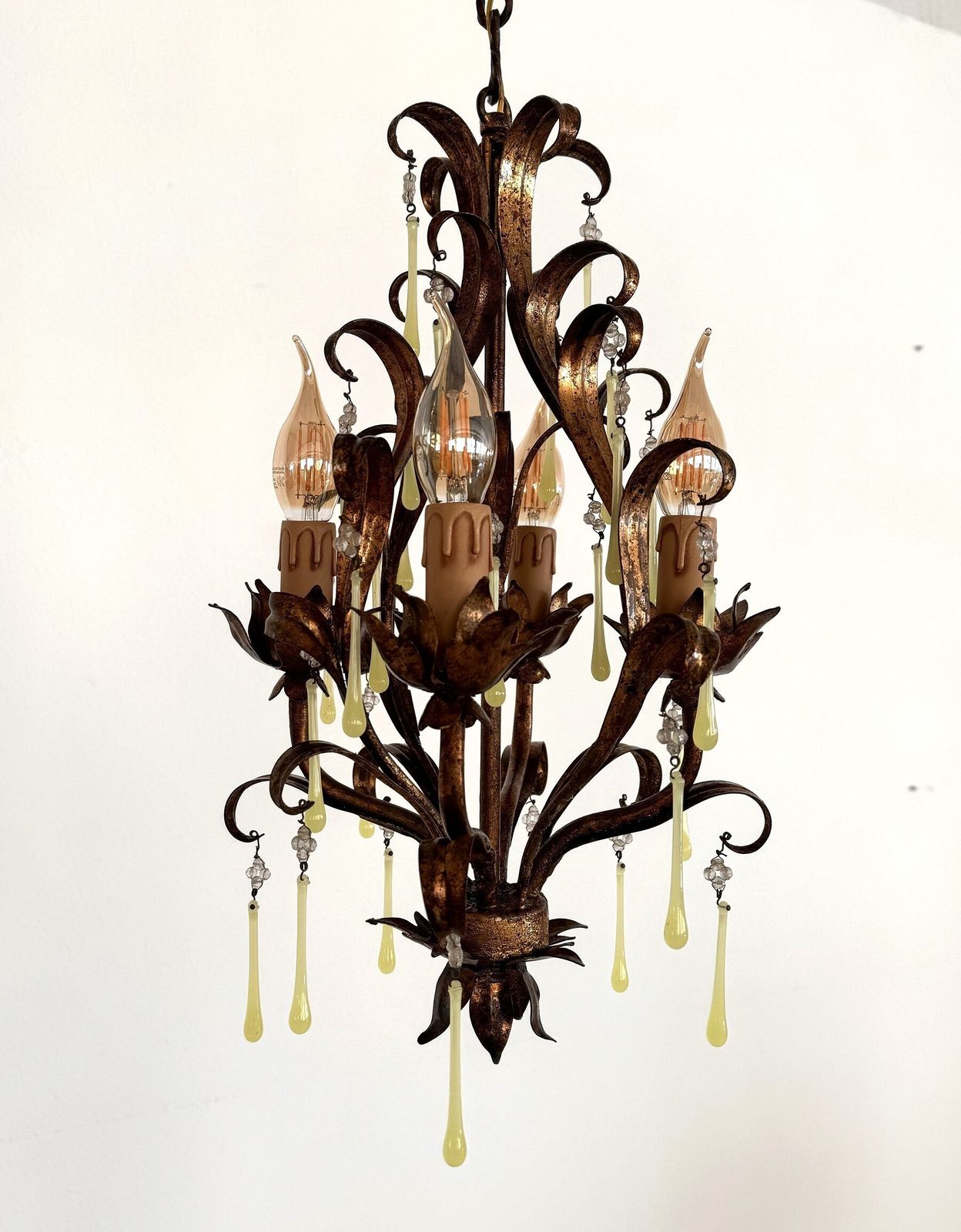 Italian Mid Century Murano Glass Gilt Chandelier With Yellow Glass Drops, 1960s