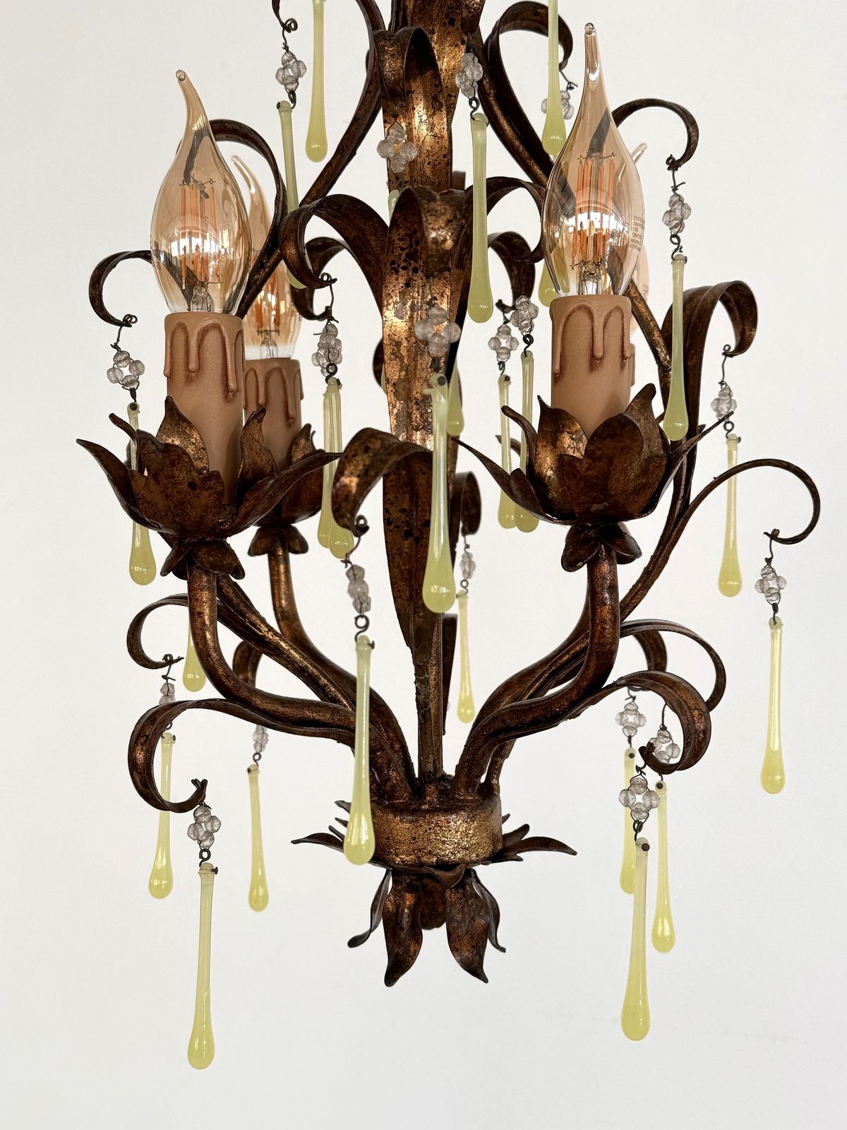Italian Mid Century Murano Glass Gilt Chandelier With Yellow Glass Drops, 1960s photo 1300.0