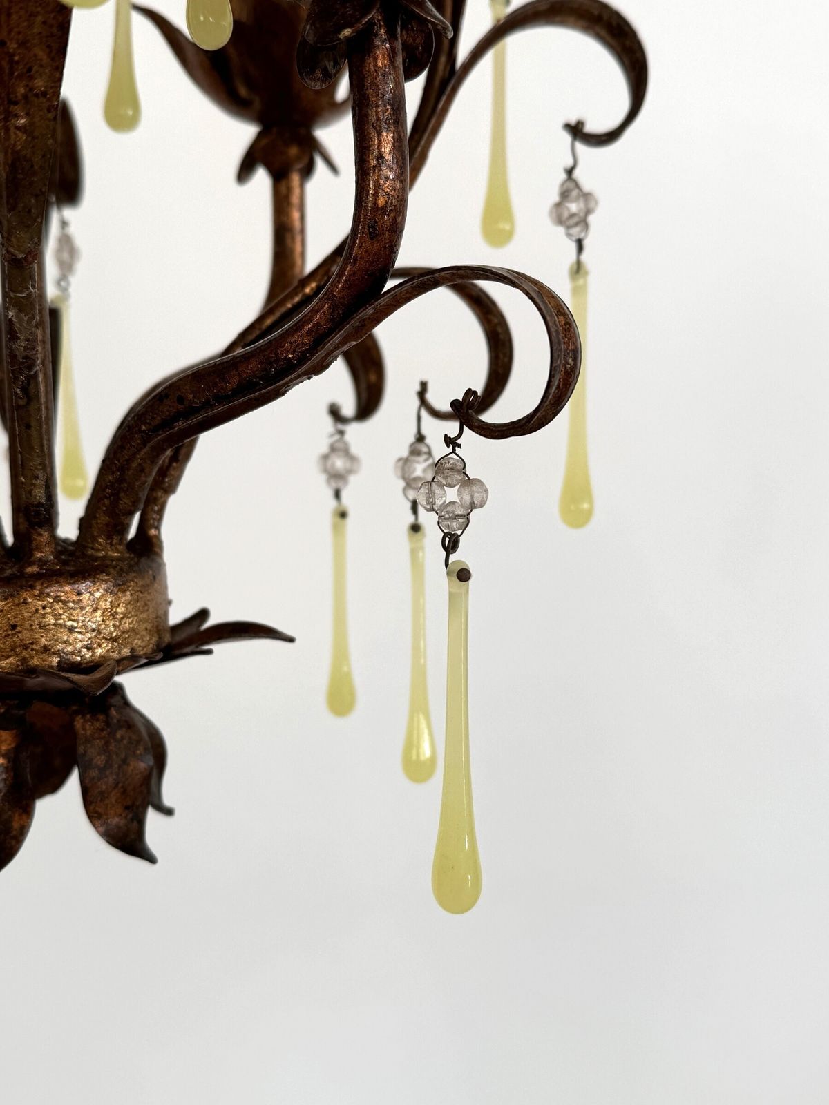 Italian Mid Century Murano Glass Gilt Chandelier With Yellow Glass Drops, 1960s photo vintage