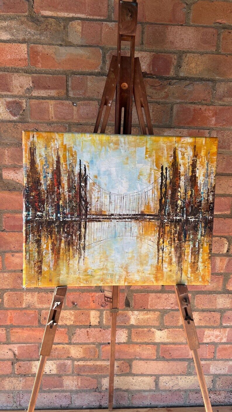 Textured Oil Painting On Canvas – Abstract Cityscape With Bridge photo furniture