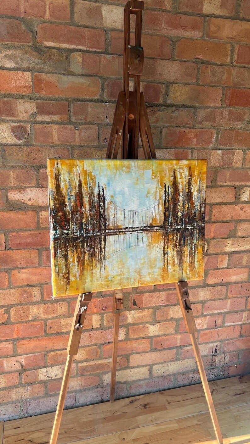 Textured Oil Painting On Canvas – Abstract Cityscape With Bridge photo buy