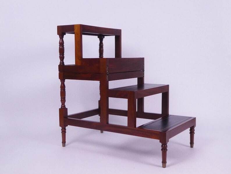 Antique Metamorphic Wooden Stairs With Leather, Foldable Bed Library Steps With Green Inlaid Leather, Large Edwardian Bookcase Ladder photo 1550.0