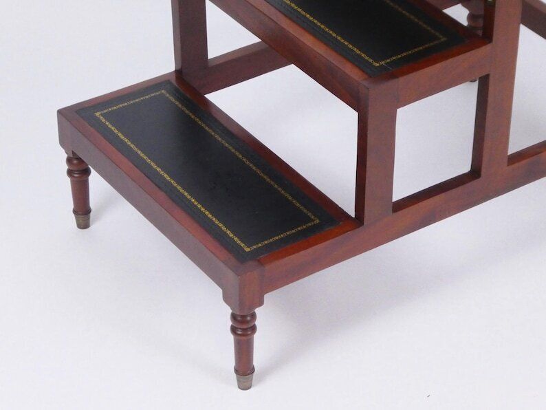 Antique Metamorphic Wooden Stairs With Leather, Foldable Bed Library Steps With Green Inlaid Leather, Large Edwardian Bookcase Ladder photo vinterior
