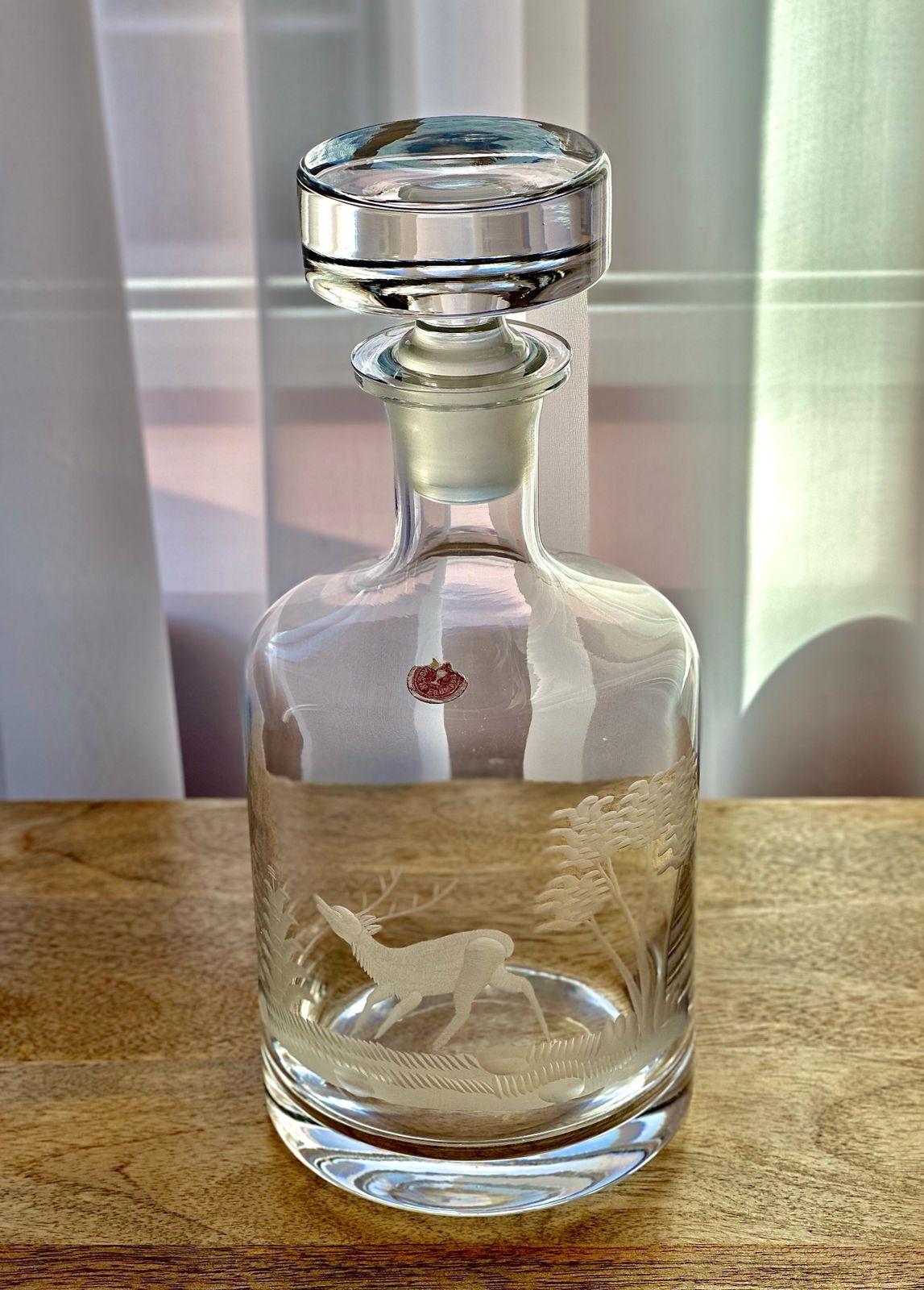 Romanian Engraved Glass Decanter – Stag & Forest Scene, 27cm photo for sale