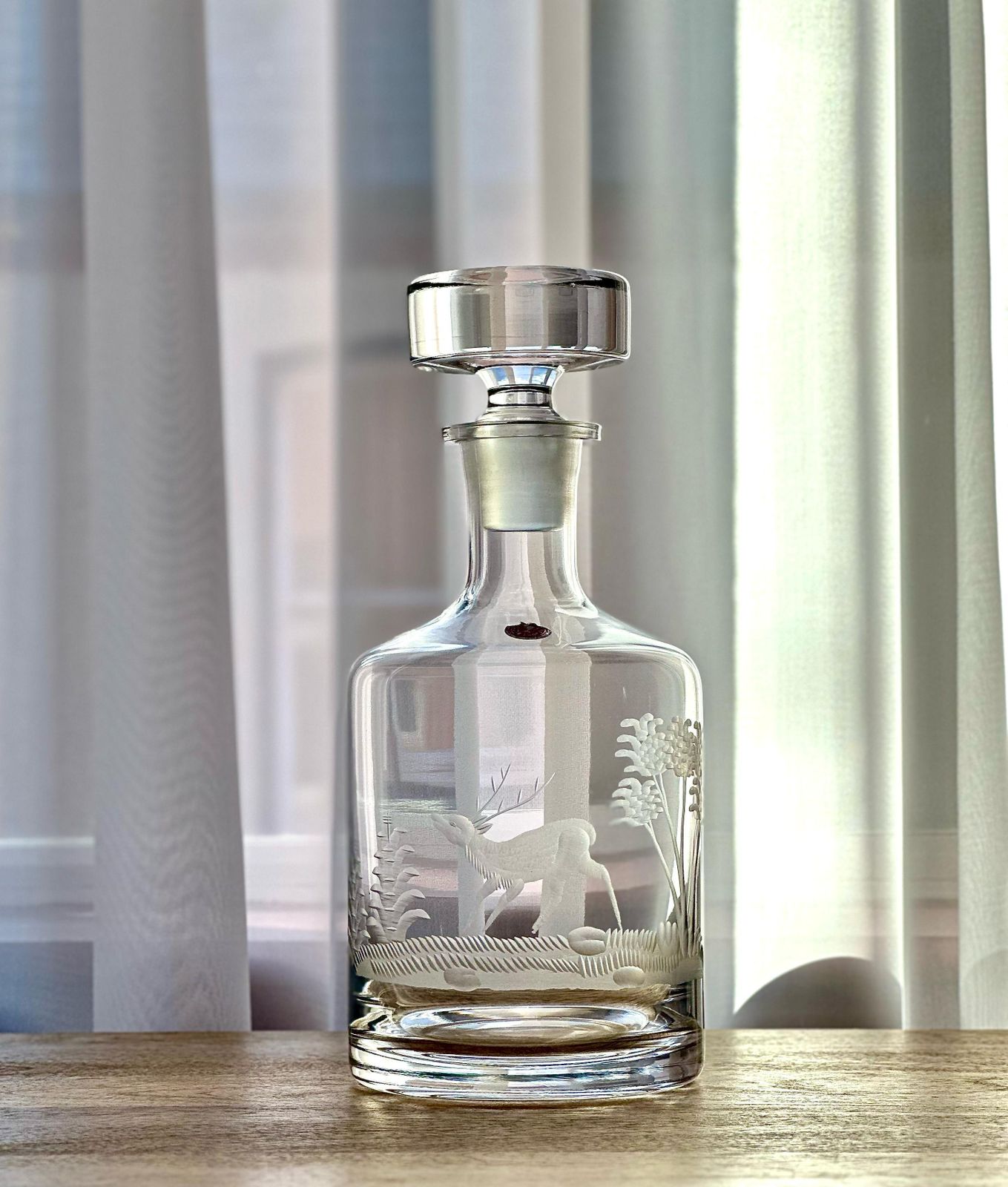 Romanian Engraved Glass Decanter – Stag & Forest Scene, 27cm photo buy