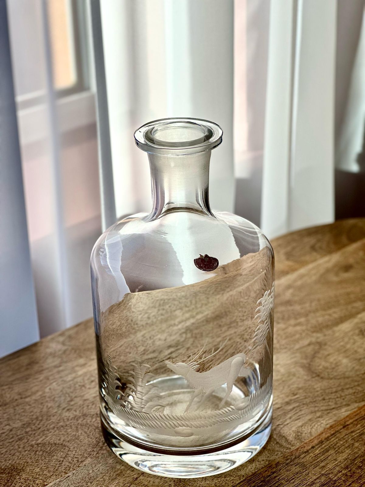 photo furniture Romanian Engraved Glass Decanter – Stag & Forest Scene, 27cm