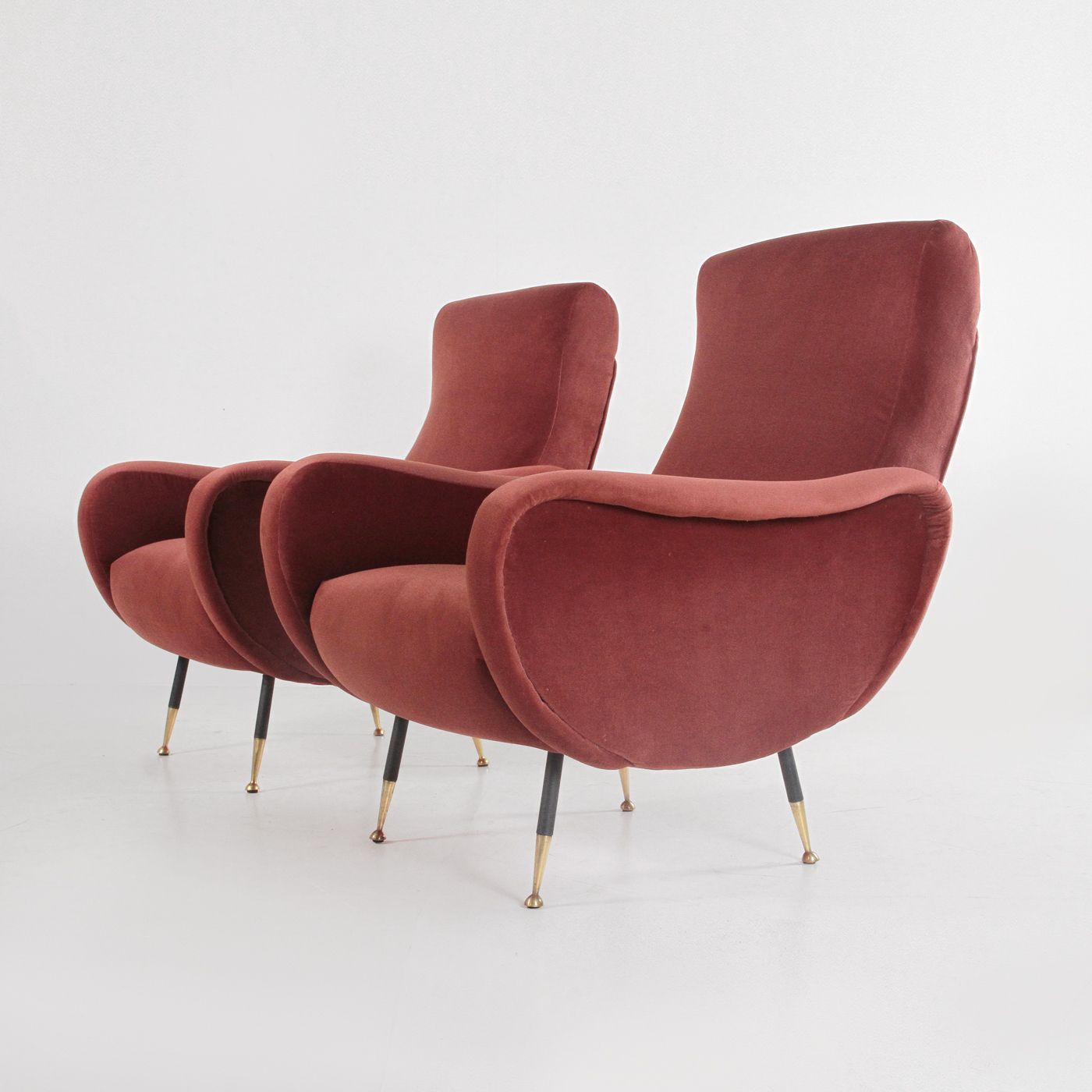 Pair Of Lady Style Armchairs By Marco Zanuso, In Brick Red Velvet, 1960 photo vintage
