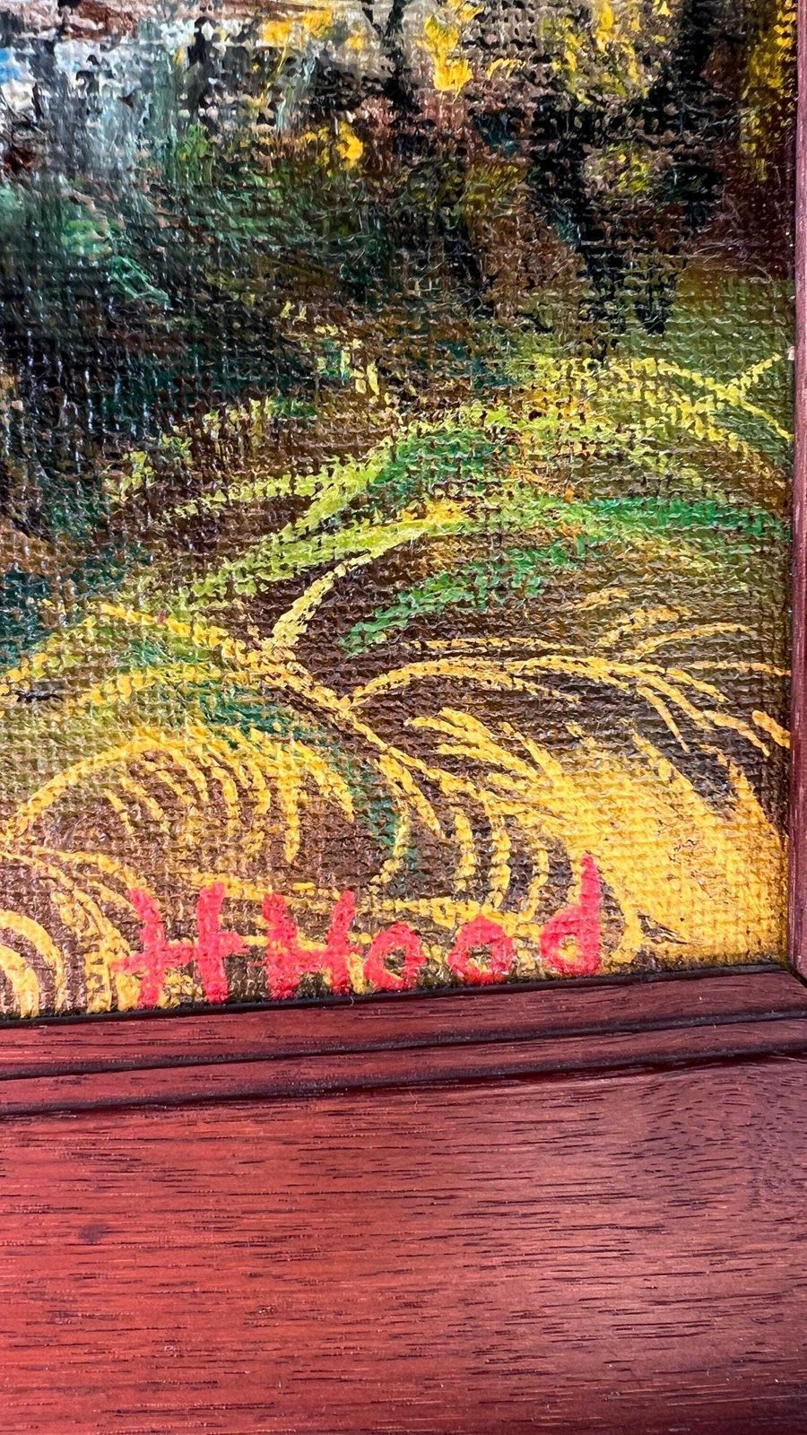 Framed Mid Century Oil Painting By H. Hood – Scenic River Landscape photo vinterior