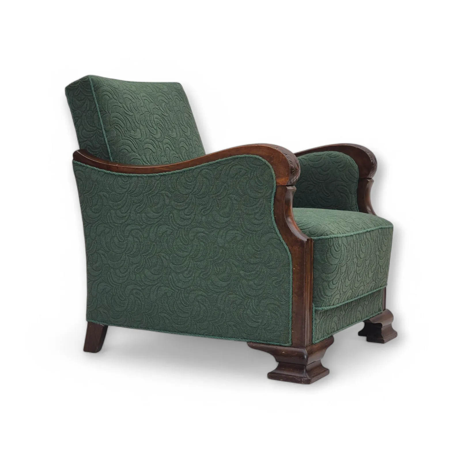 Ca. Jaren 1950, Deense Relaxstoel, Groene Meubelmix Wollen Stof, Beukenhout.