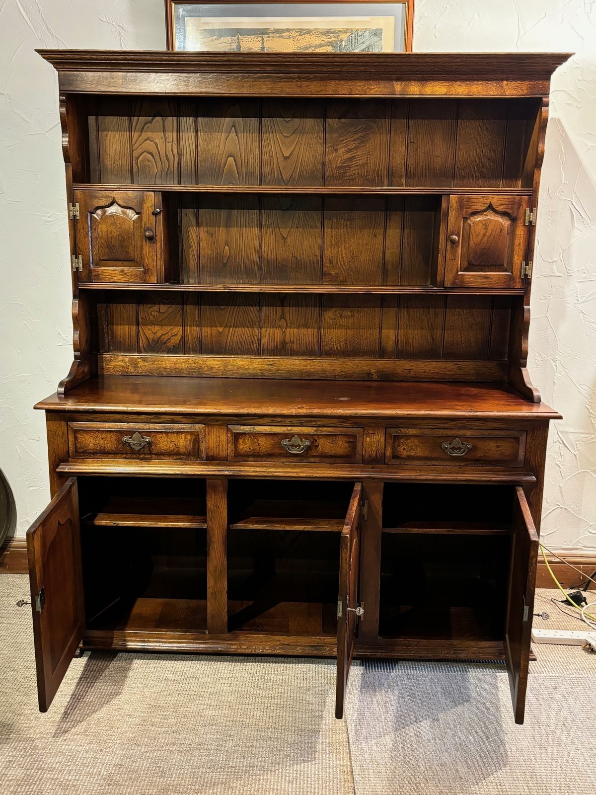 Reproduction Antique Oak Dresser With Open Rack And Low Enclosed Cupboard photo furniture