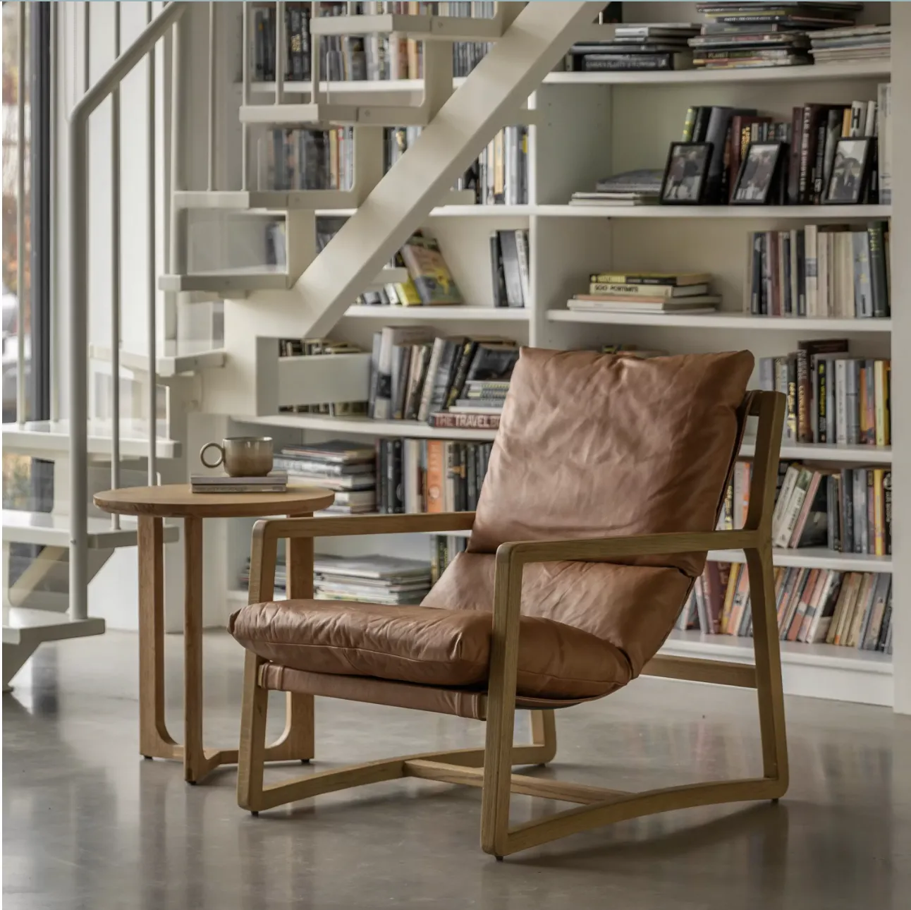 Nordic Mid Century Modern Sling Chair, Tan Leather & Ash Wood, Danish Style photo buy