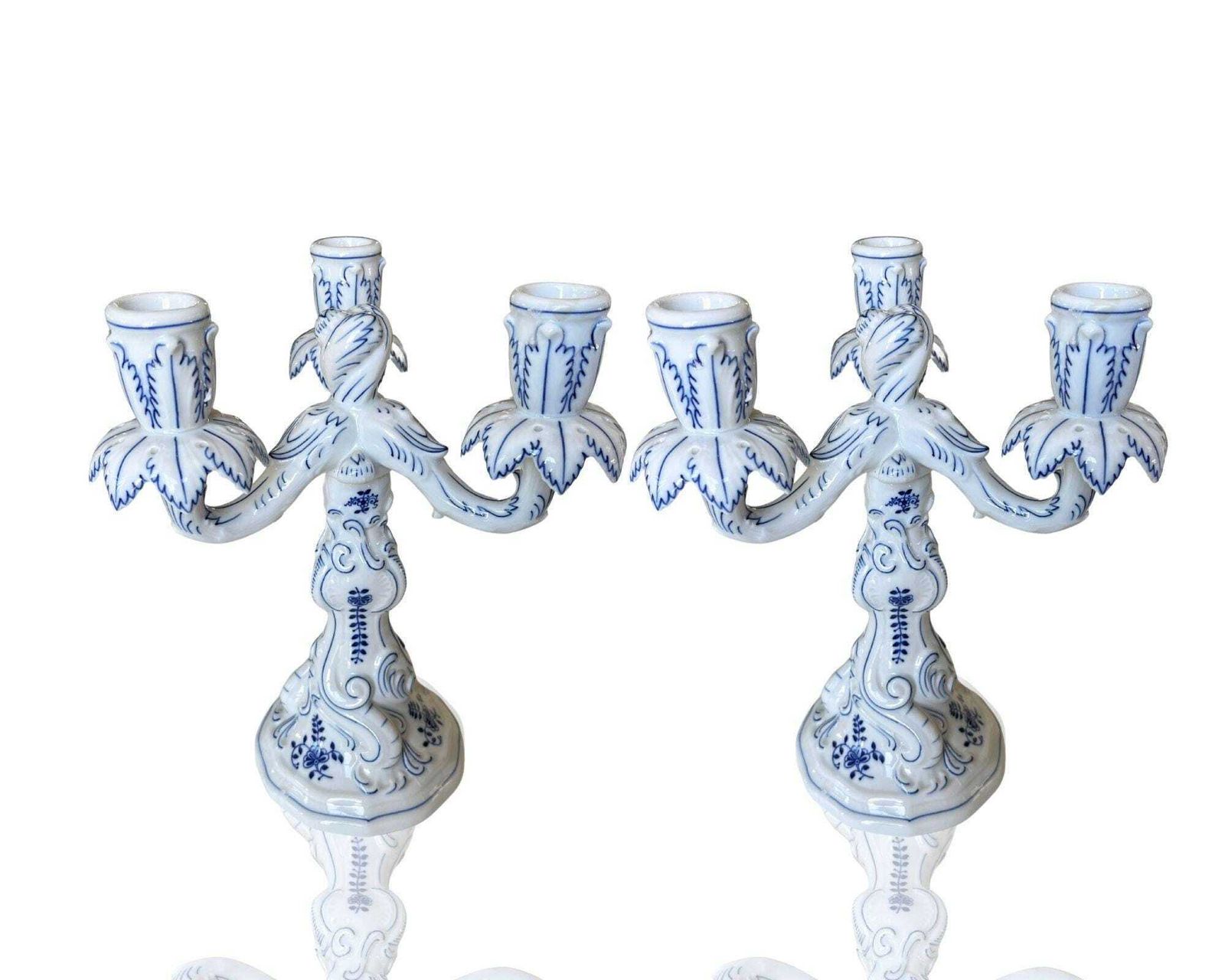 Paar Kandelaars Porselein | 2 Stuks | Blauw Uienpatroon | Hutschenreuther