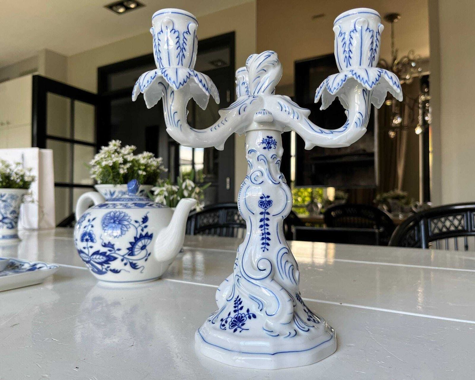 Candelabra Pair Porcelain | 2pcs | Blue Onion Candleholders | Hutschenreuther photo furniture