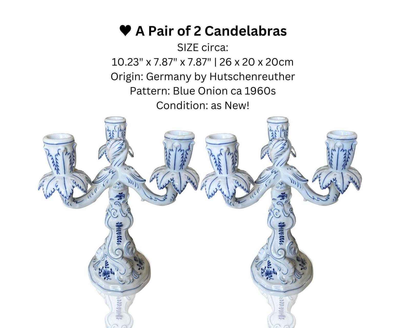 Candelabra Pair Porcelain | 2pcs | Blue Onion Candleholders | Hutschenreuther photo for sale