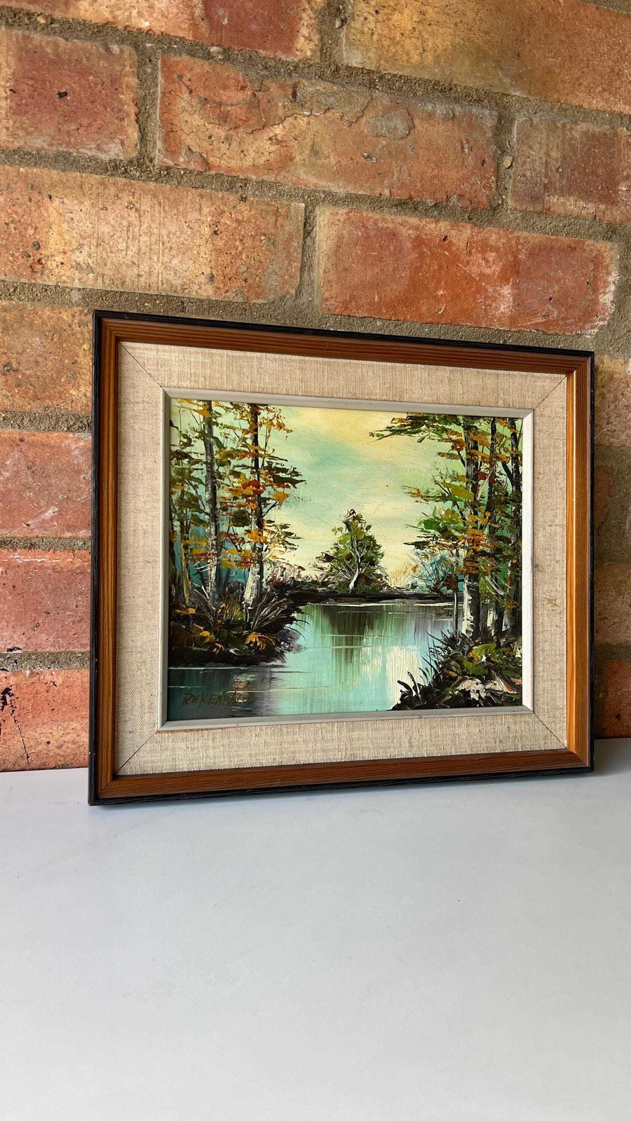 Mid Century Oil Painting By Rickenbach – Tranquil River Landscape, Framed
