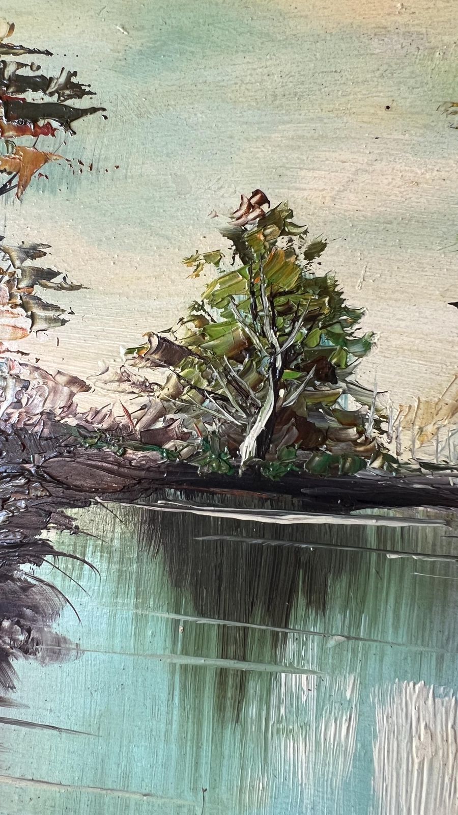 Mid Century Oil Painting By Rickenbach – Tranquil River Landscape, Framed photo 99.0