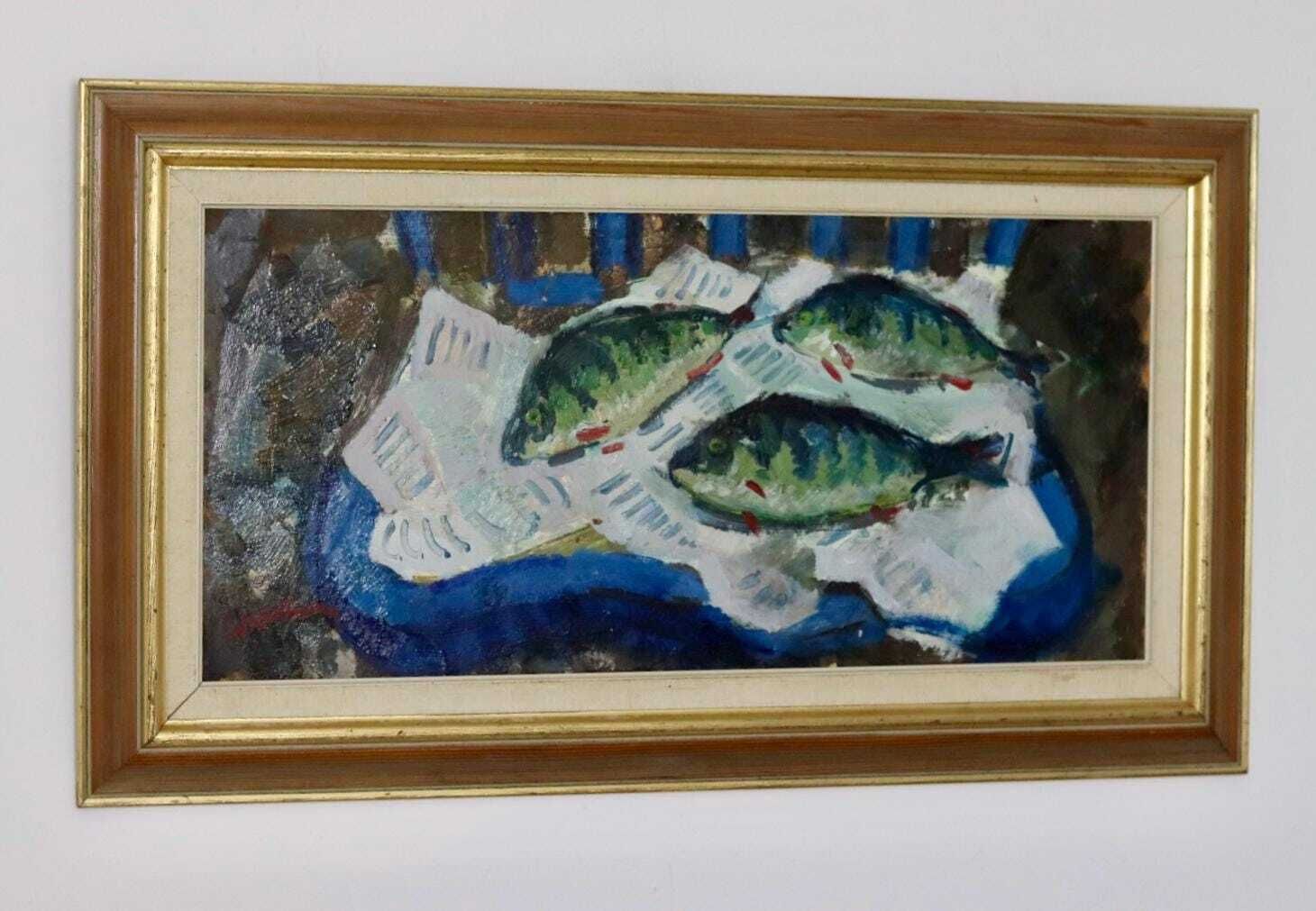 Swedish Oil On Panel Painting "Catch Of The Day" By Bertil Wahlberg  Vintage & Framed