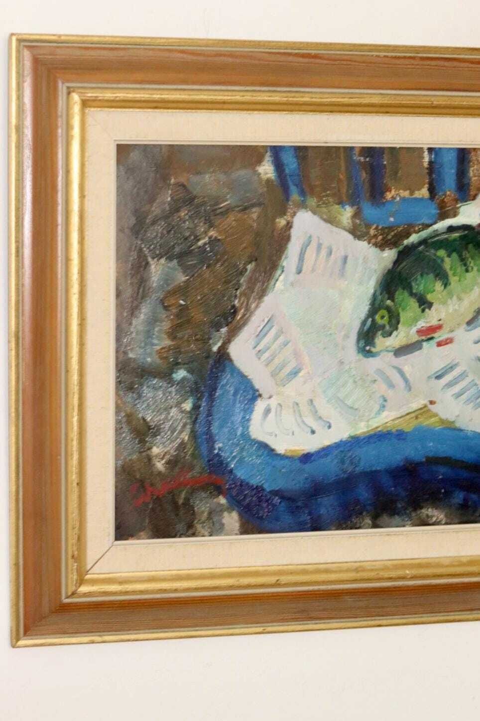 Swedish Oil On Panel Painting "Catch Of The Day" By Bertil Wahlberg  Vintage & Framed photo for sale