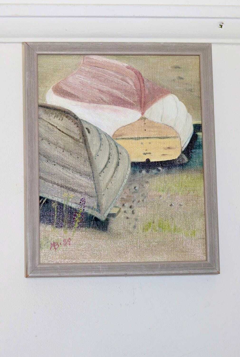 1989 Original Swedish Modernist Oil On Canvas " Boats" photo for sale